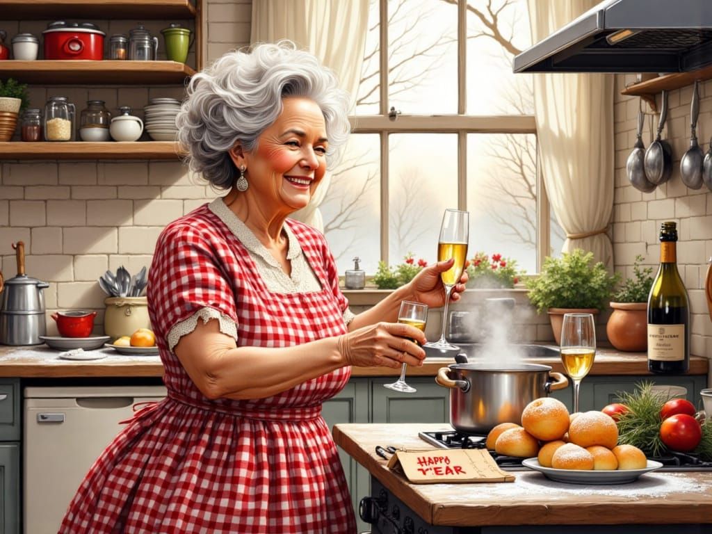 Elderly Woman Joyfully Frying Oliebollen in Cozy Kitchen