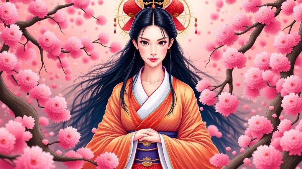 A beautiful woman wearing an oriental dress adorned with pin...
