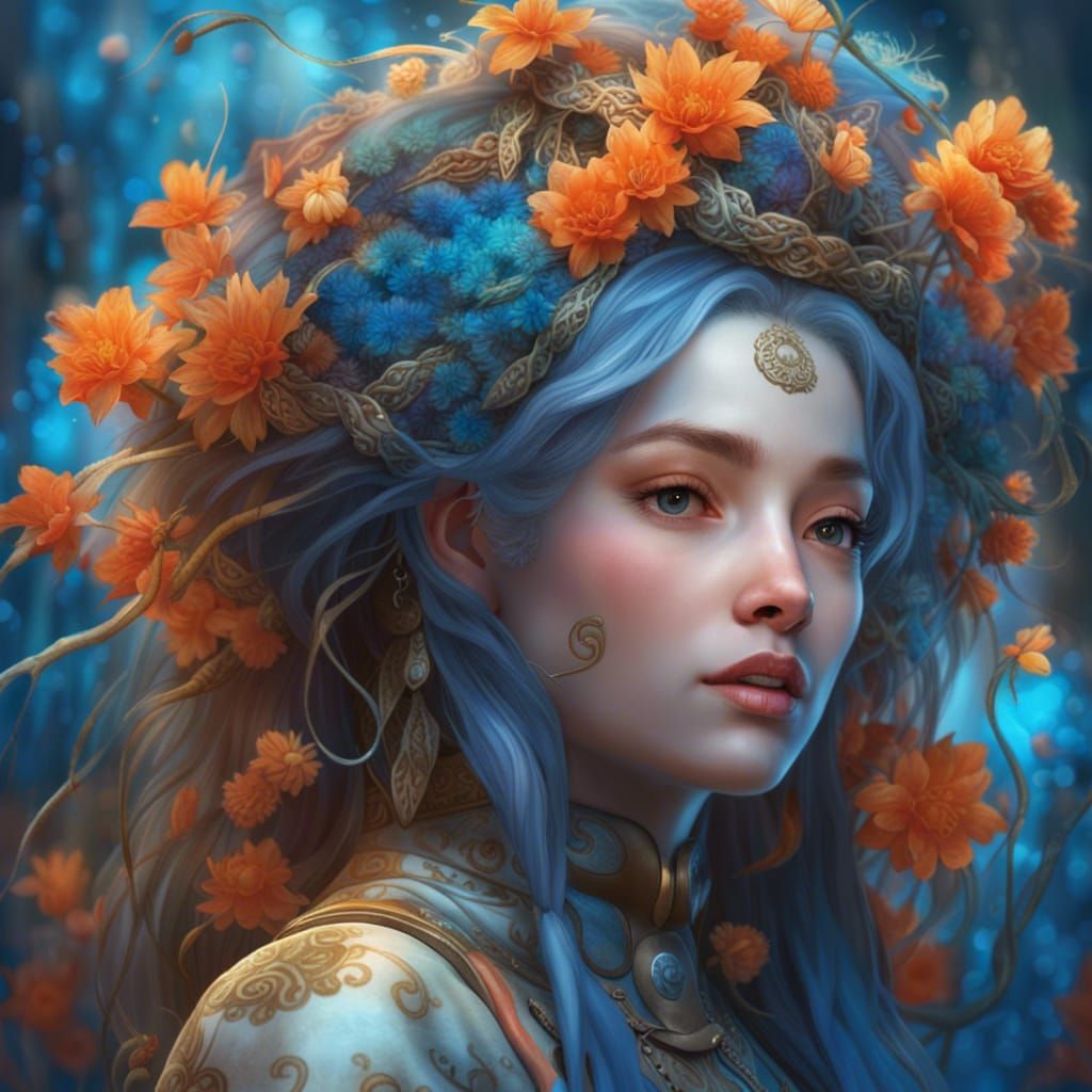 A stunning hyperealistic portrait of an elvish diety with long hair in ...