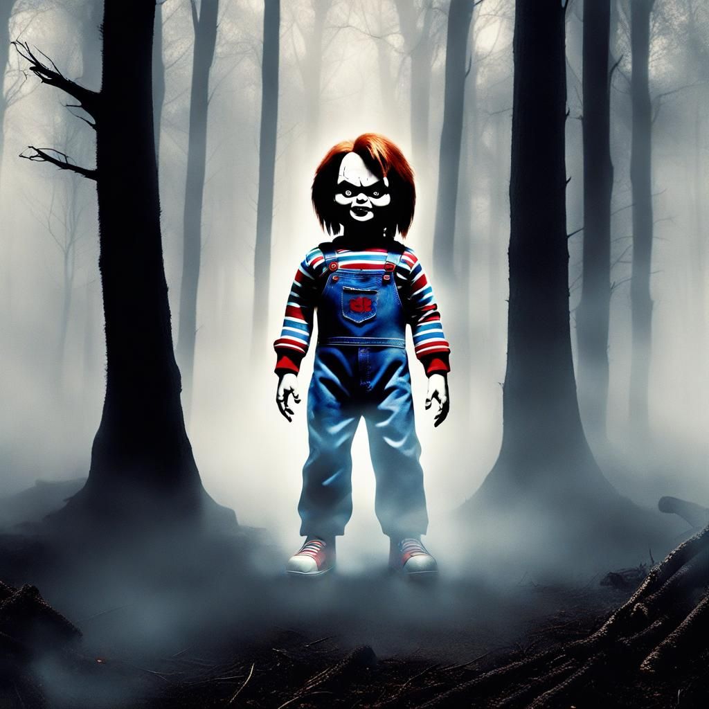 Chucky stood in dark scary forest with fog on the ground wit...