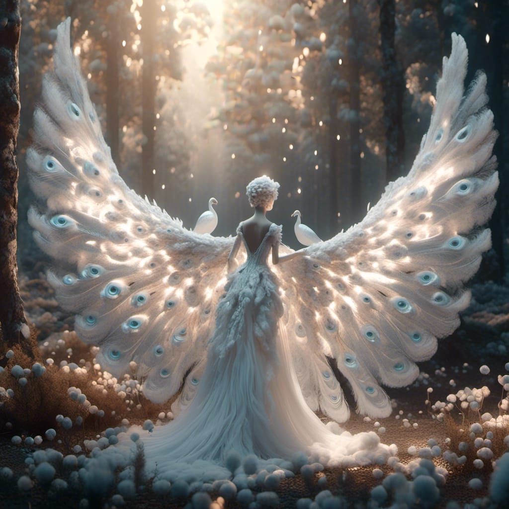 Angel and Peacock in Mystical Forest