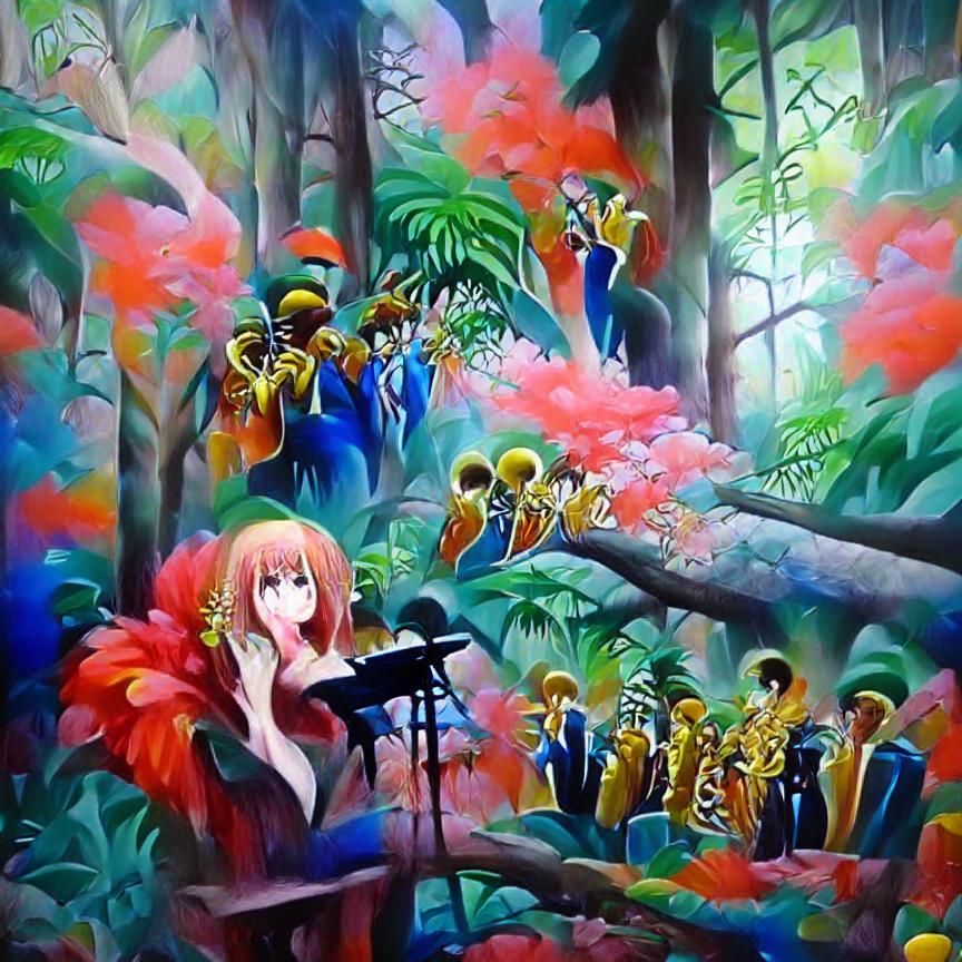A woman is singing with a jazz orchestra in the tropical for...