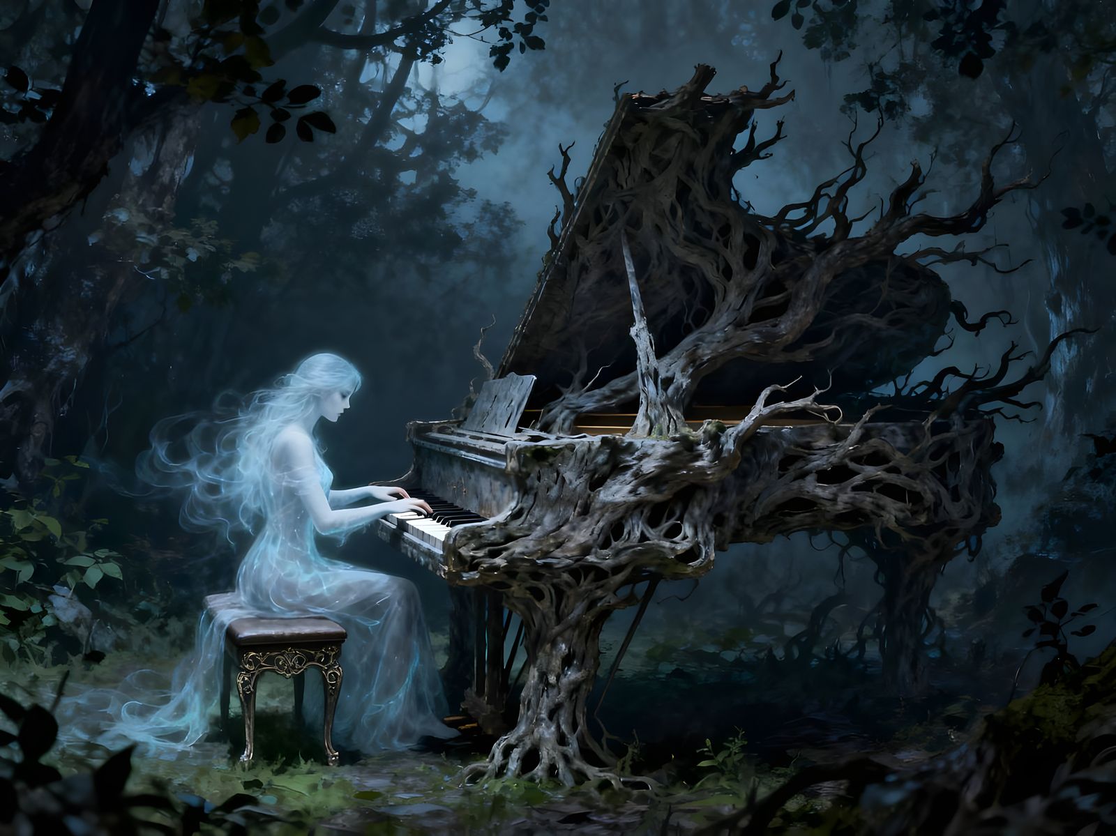 A ghostly woman in a flowing translucent gown plays an ancient grand piano made of twisted roots and wood deep in a dark...