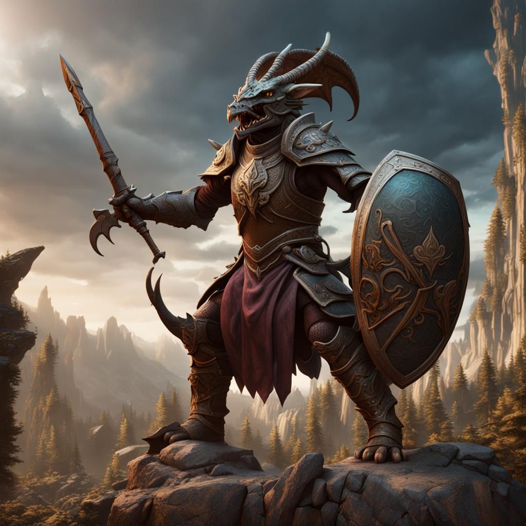 dragonborn warrior in forest mountain with shield and sword fighter ...