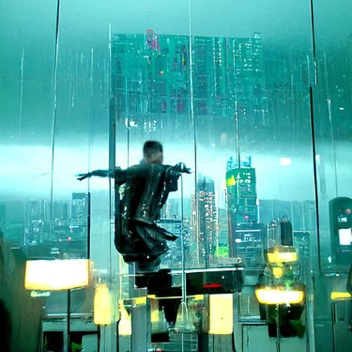 (a man jumping though a glass window on a skyscraper) + (epi...