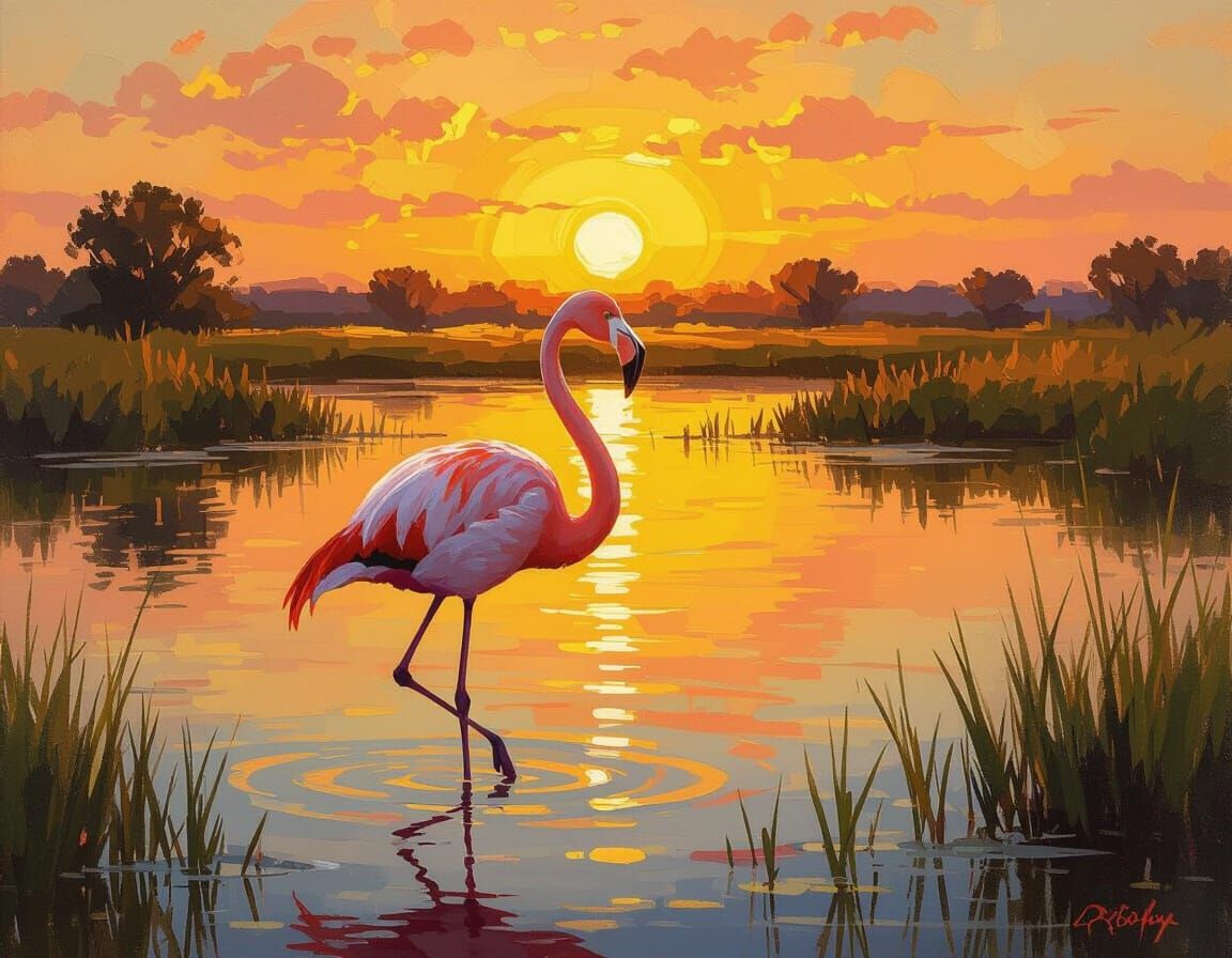Solitary Flamingo in Golden Hour Wetland
