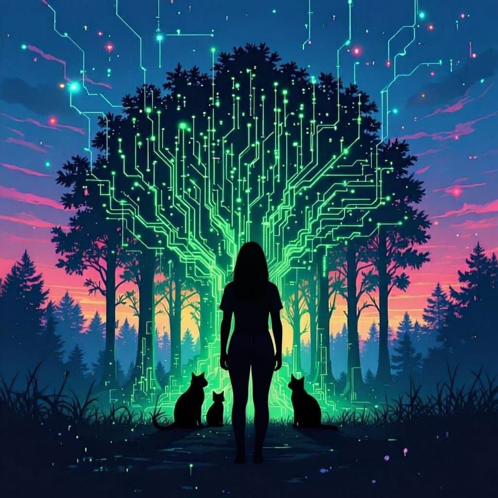  Through the Transporter?? : A forest created from ASCII code in glowing greens, blues and purples, with intricate wires and LEDs; in silhouette, a stocky woman and two...