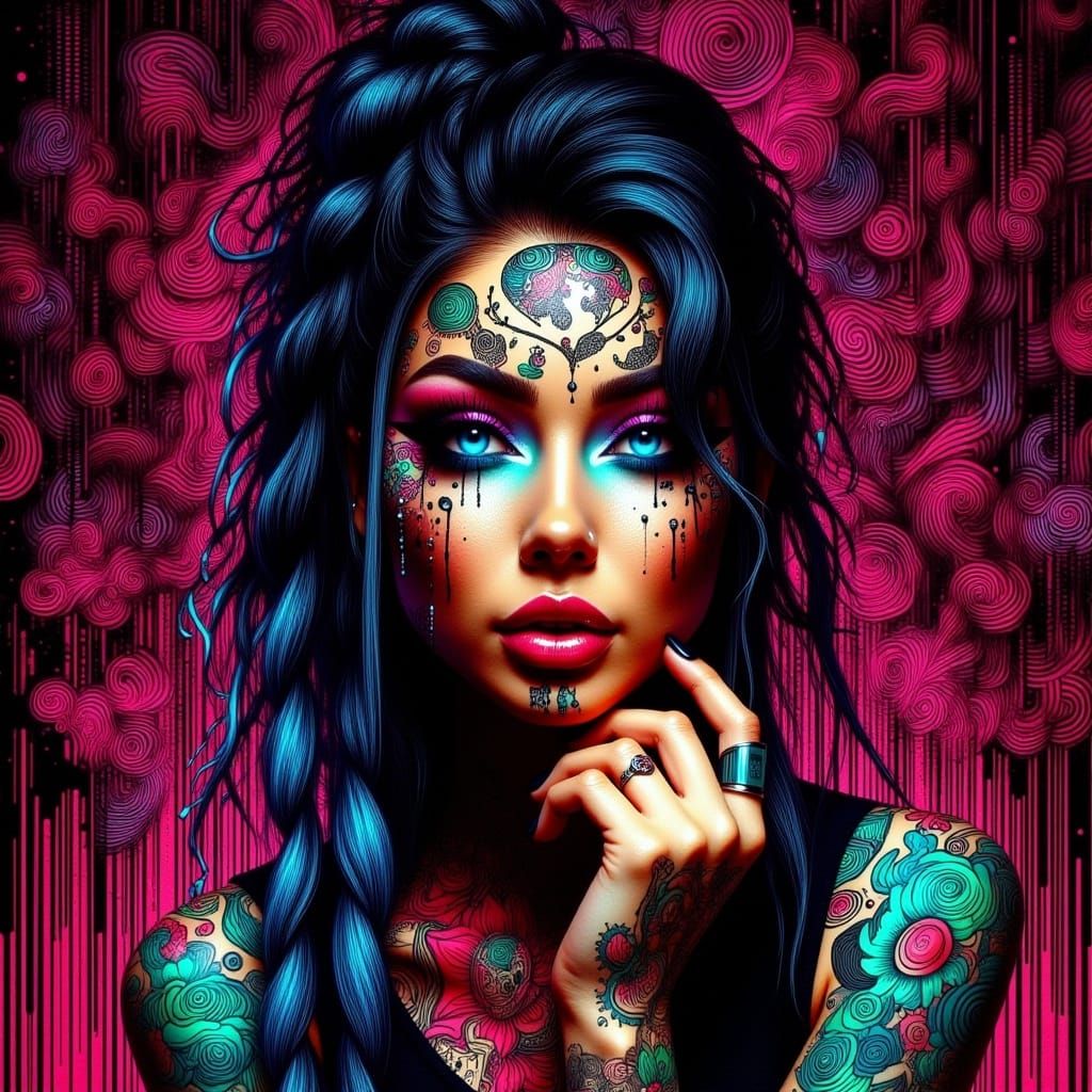 An alternative woman with hair in braids. Tattoos. Zentangle.  Ink drips. Dynamic lighting <lora:AlternaInk:1.0> 