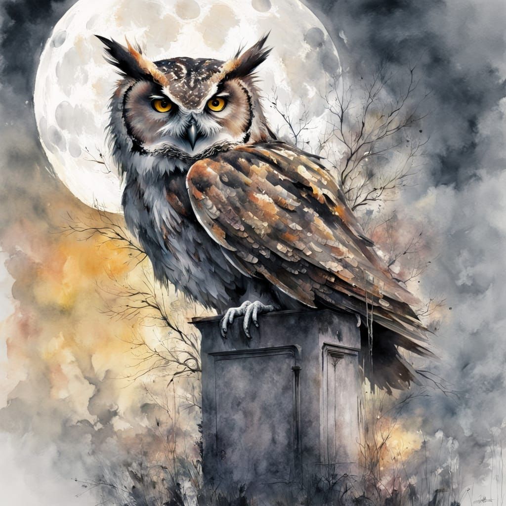 Large moon shining behind an owl sitting on a cement column.
