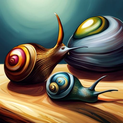 Snails on a table, detailed painting, deep color, fantastica...