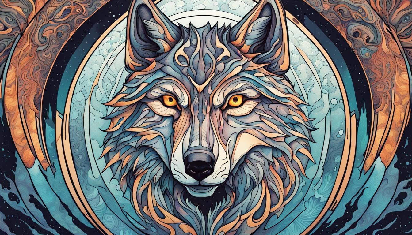 Abstract wolf logo. Energetic radiowaves. Trippy psychedelic...