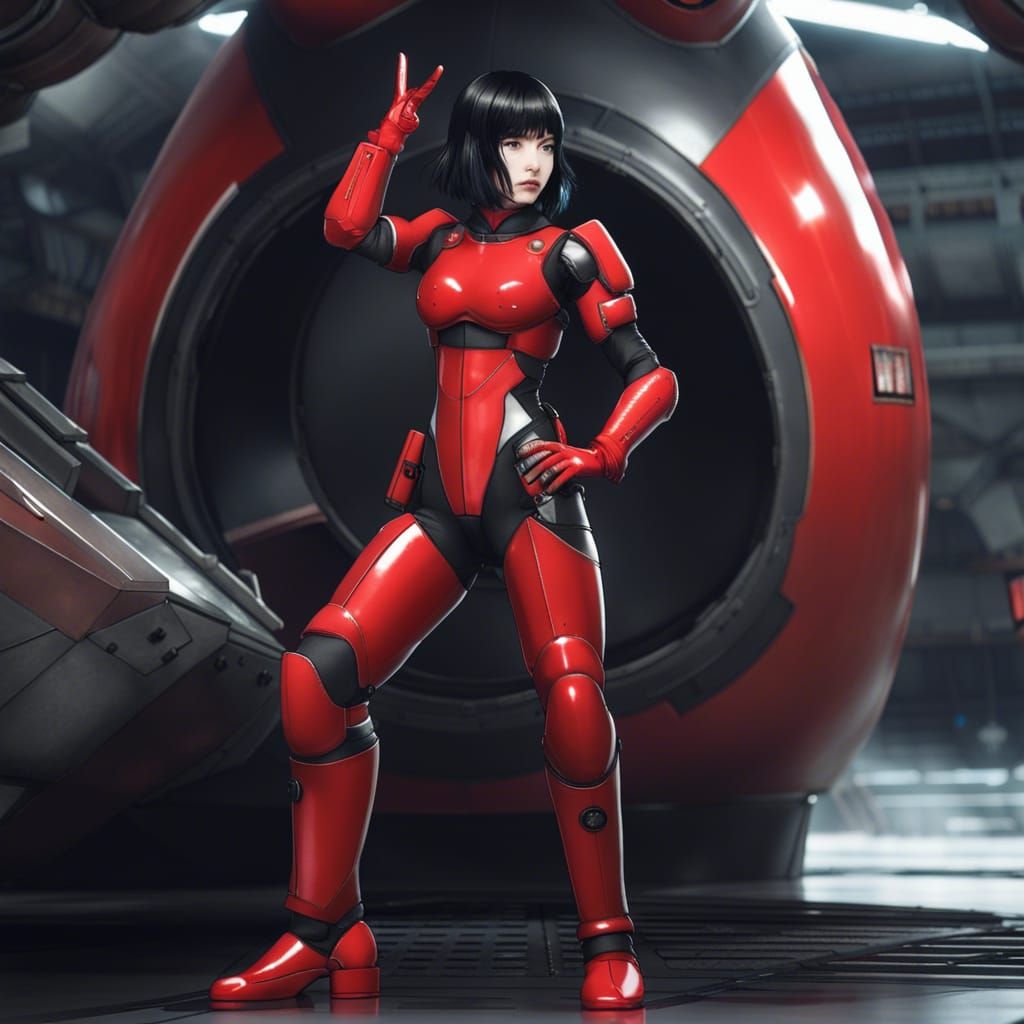 Japanese girl with black bob cut hair wearing red form-fitti...