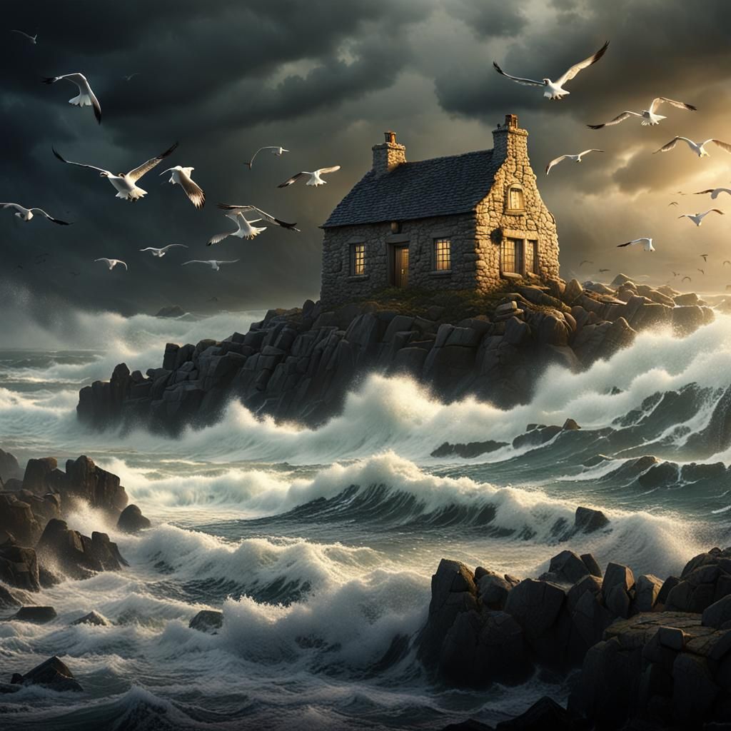 stone cottage on a beach with seagulls flying over stormy wa...