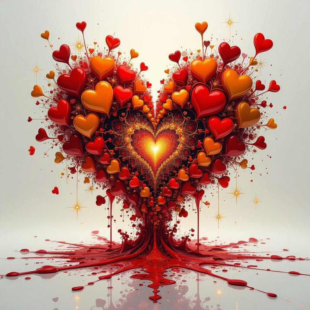 A majestic fractal with red and orange hearts all over the place, ink splash, Mandelbrot heart with red blood flow and gold sparks 💖