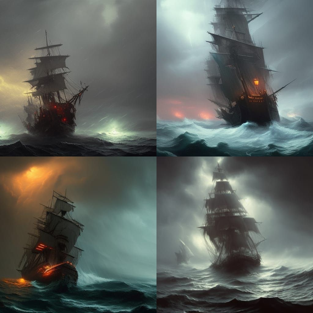 Terrifying pirate ship lights storm sea rain
