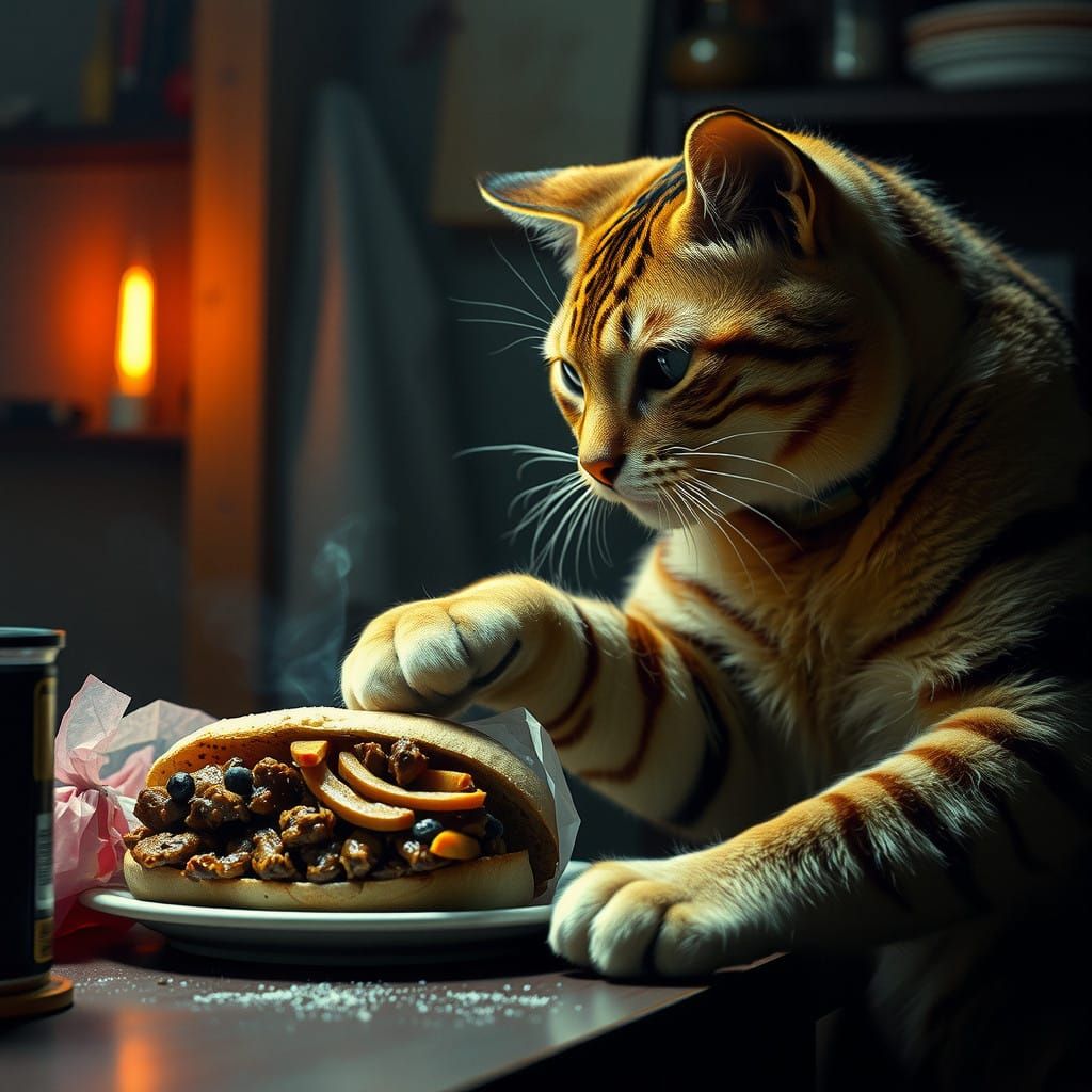 Cinematic Cat Creates Steak Sandwich Masterpiece