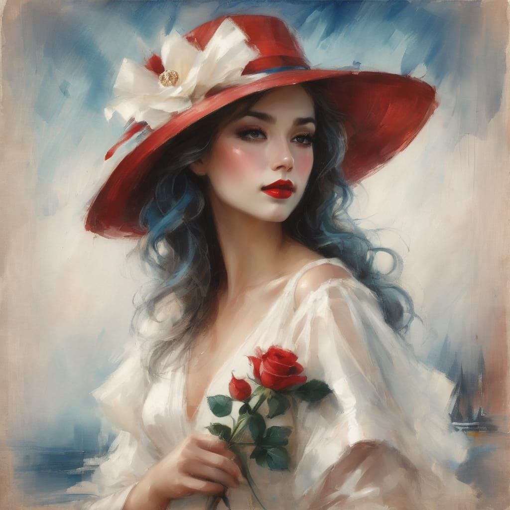 an attractive and elegant woman wearing a large red hat with a white ribbon and red lipstick, and a white rose in her ha...