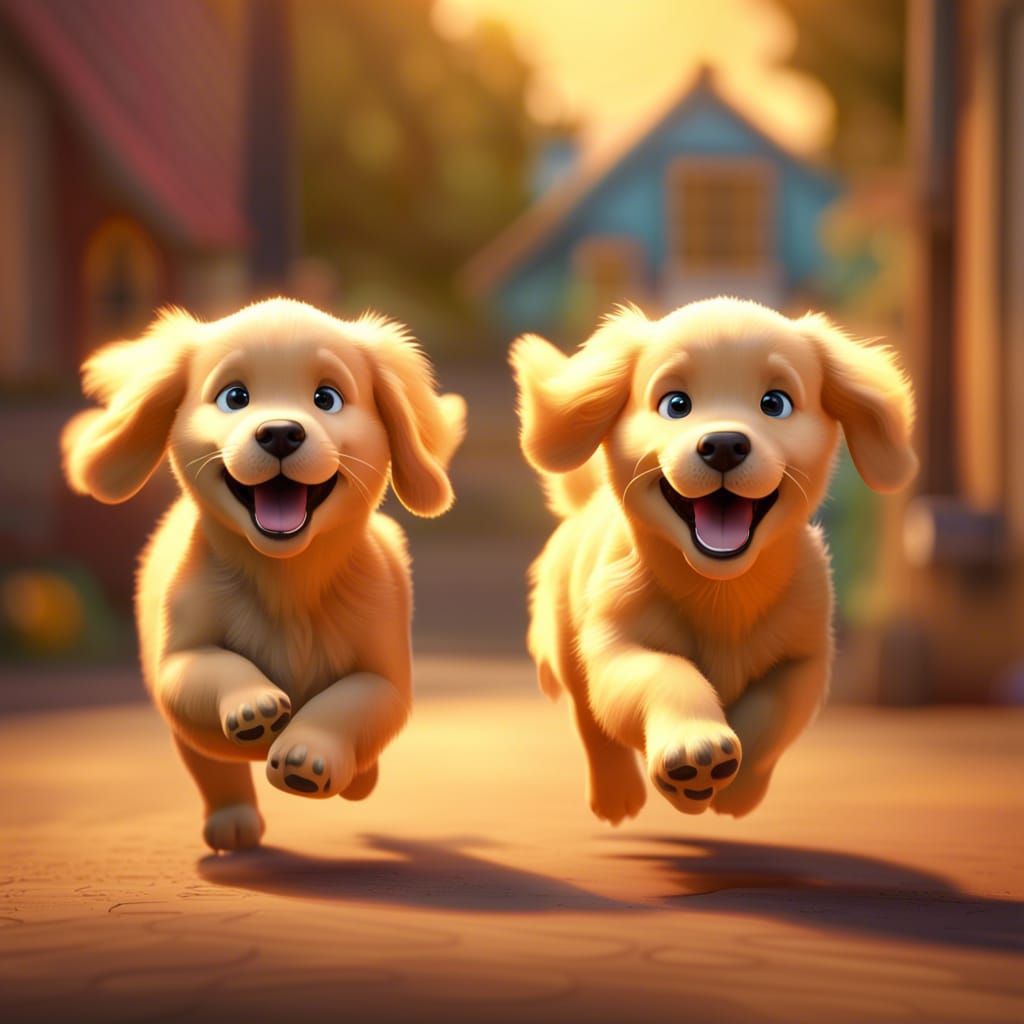 Golden Retriever Puppies Running: Pixar Style 3D Art