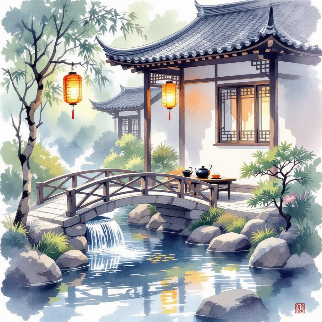 Zen Dwelling Watercolor Painting with Waterfall and Bridge