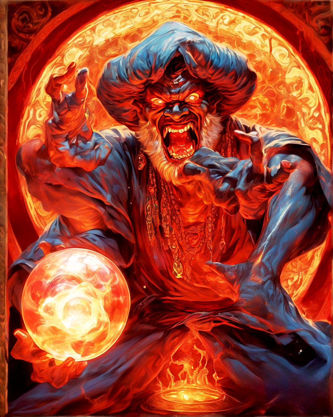 A powerful, glowing male Djinn Genie