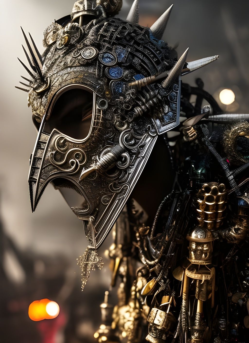 Masked God in Junkyard: Detailed Pencil Sketch