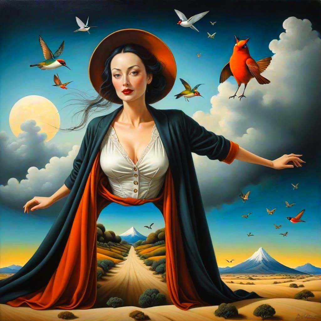 Surreal Lady with Fantastic Beasts in Photorealistic Style