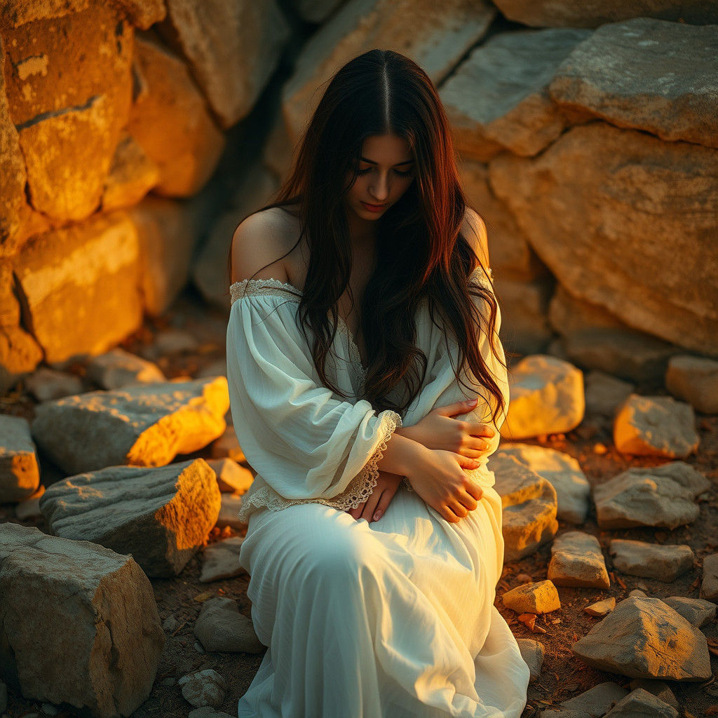 Woman Embraces Grave: Botticelli-Inspired Serene Scene