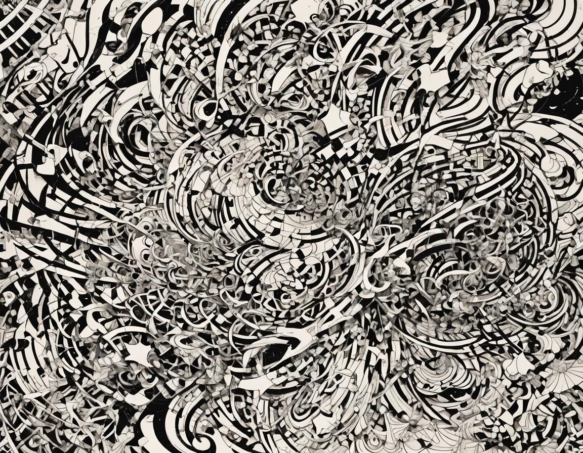 A complex array of black lines and abstract shapes swirl cha...