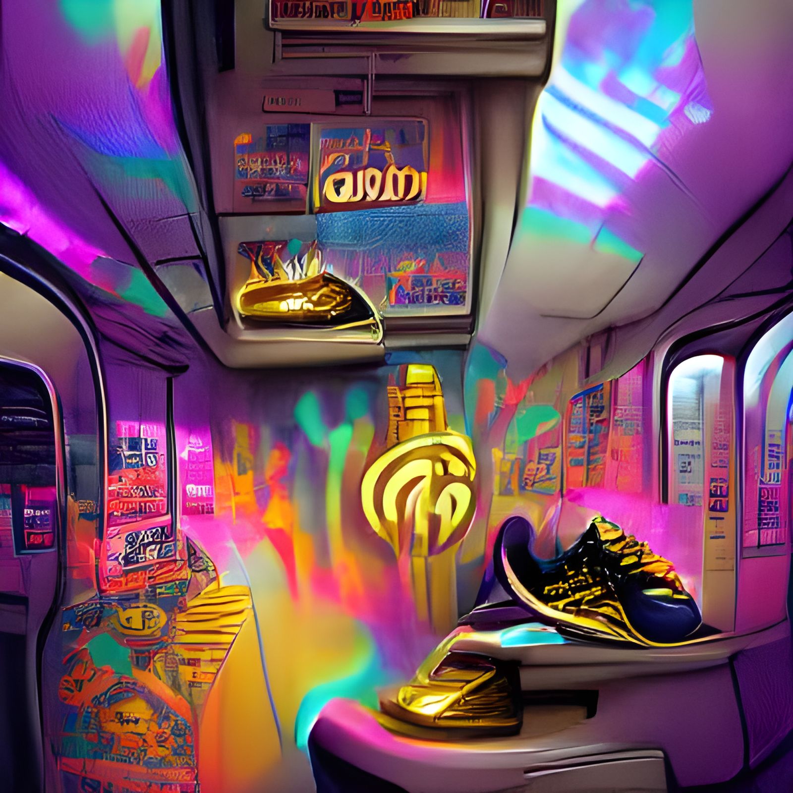 Gold sneakers on the subway - AI Generated Artwork - NightCafe Creator