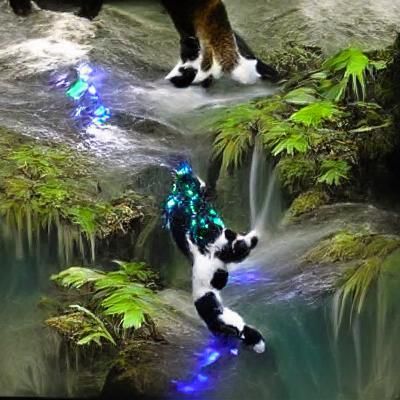 digitigrade cat dancing in a waterfall rainforest glowing be...