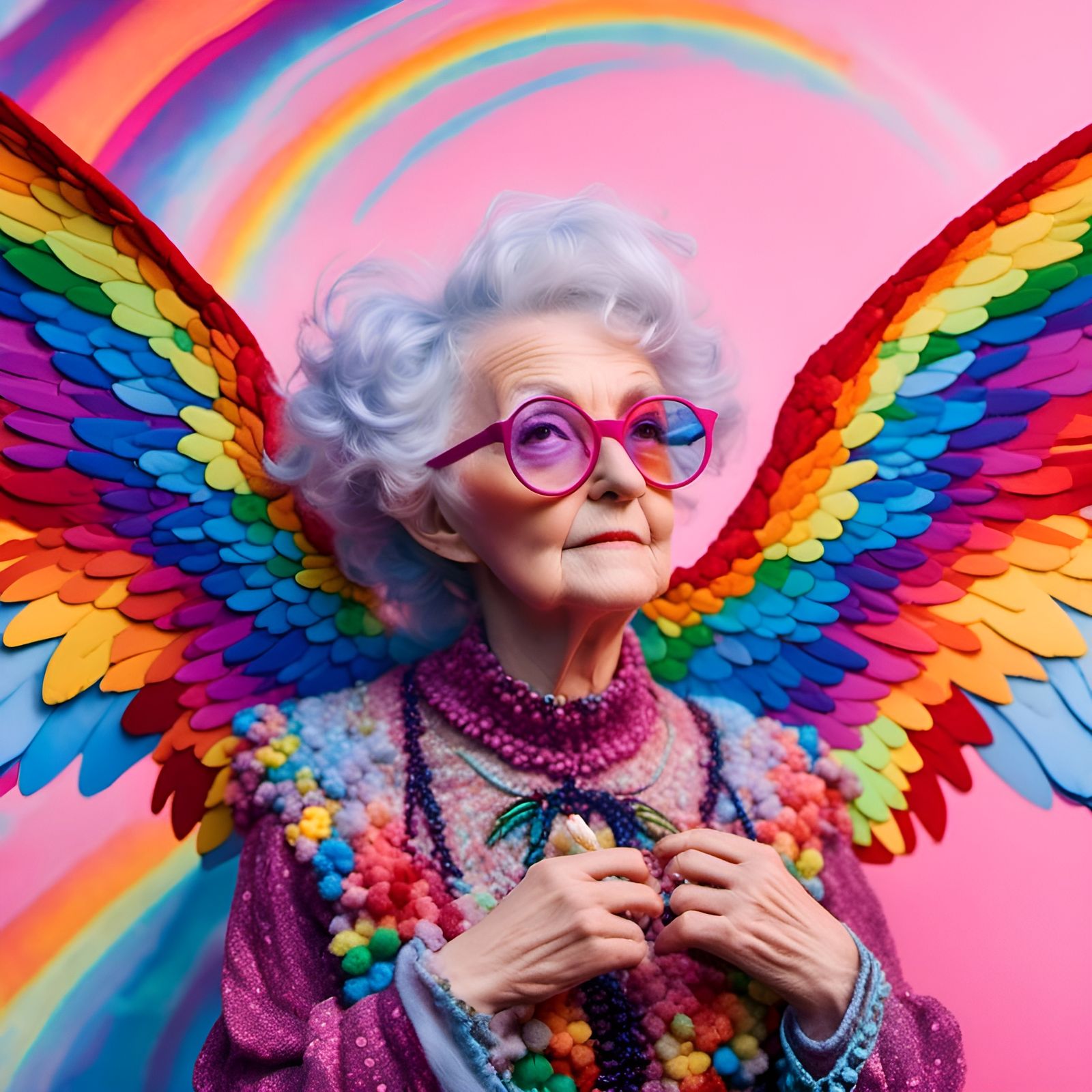 <lora:GULLYISM-v3:1.0> hd fashion photography cosplay of a Granny wearing Hyperealistic Winged glasses