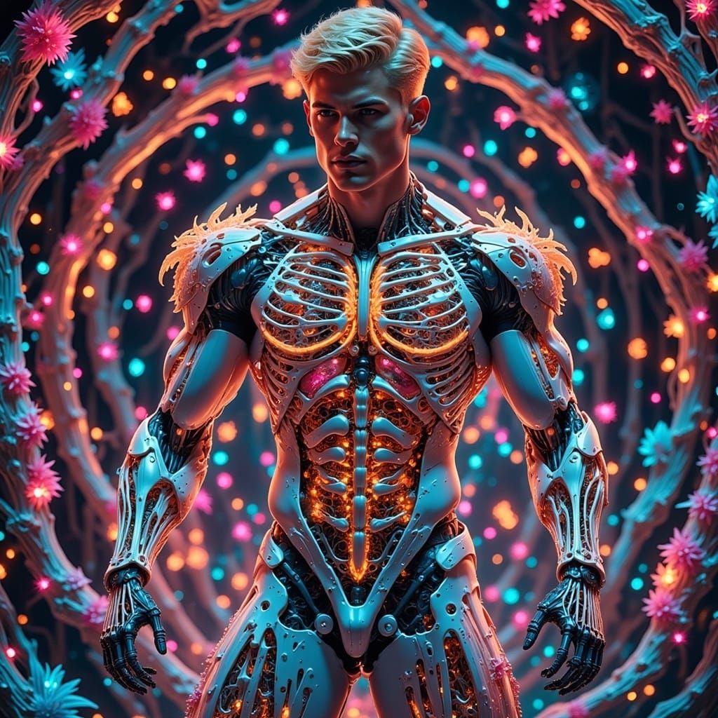 Amazing detailed photorealistic kaleidoscopic blacklight UV light full body image Mood lighting, bokeh magical sparkling colored dust effect...