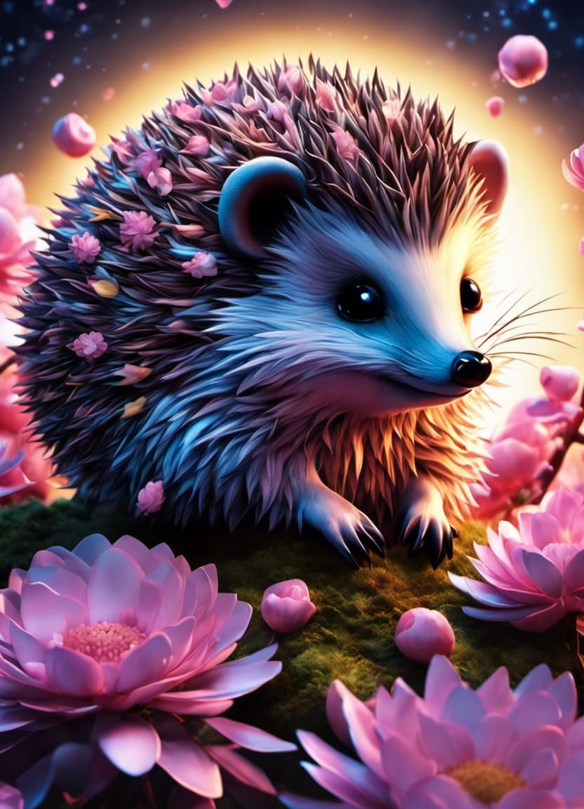 Chibi cute hedgehog made of cherry blossom , flower buds 3D,...
