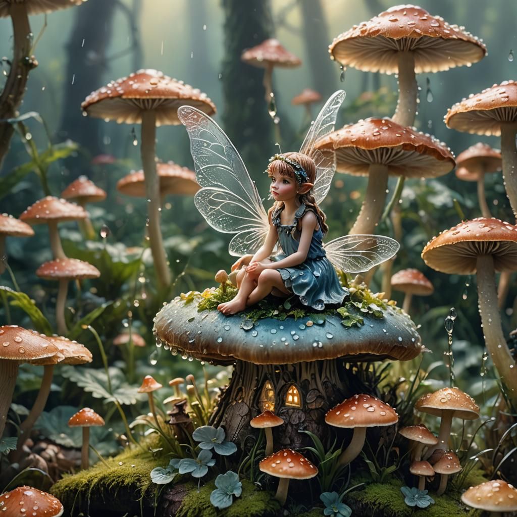 Macro photography of a tiny fairy sitting on a mushroom. Dew...