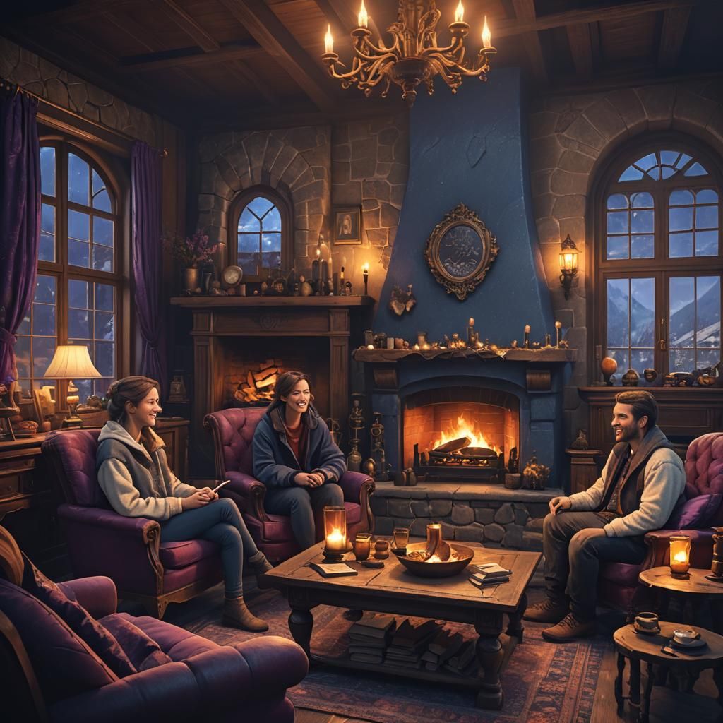 Cozy Fireplace Friends in Fantasy Concept Art