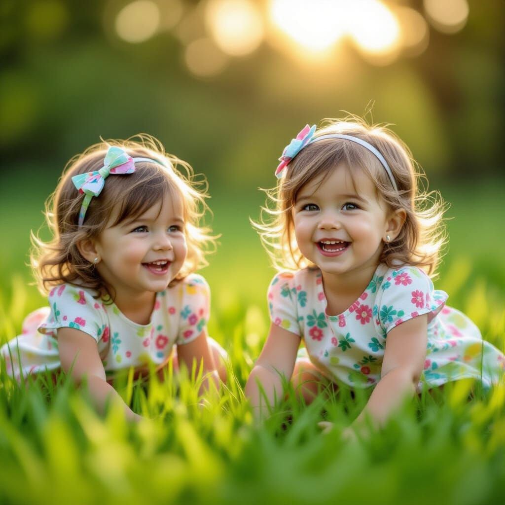 Children Playing in Lush Green Grass with Bokeh