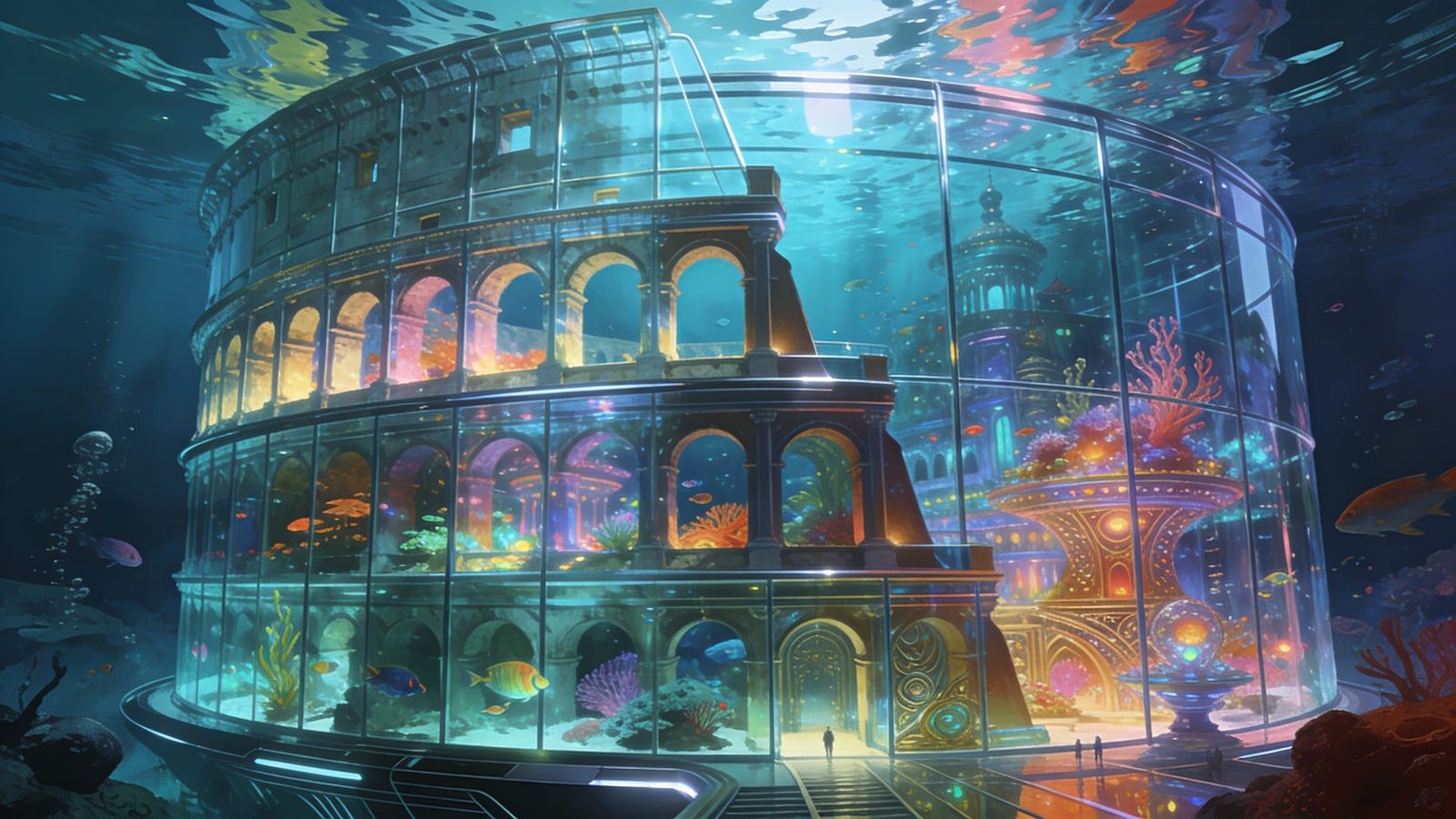 Futuristic glass Colosseum meets vibrant, revived Atlantis.  by @Ipgorn