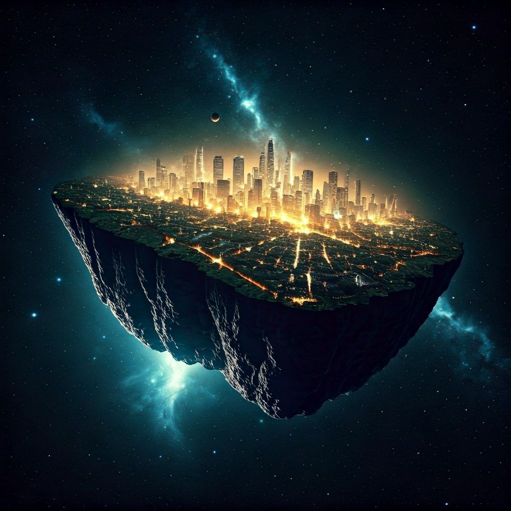 a large floating asteriod island with city lights :: galaxy in background  by @PL