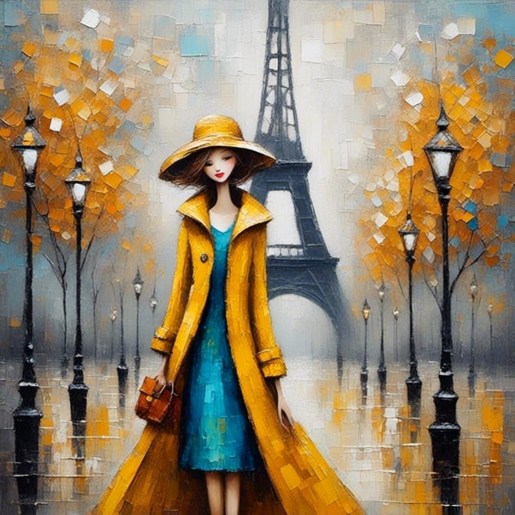 <lora:WHIMSICAL:1.0> acrylic painting: a tall slender woman, blue dress, yellow coat, Eiffel towers, sunny street, smile, vivid colours, whi...