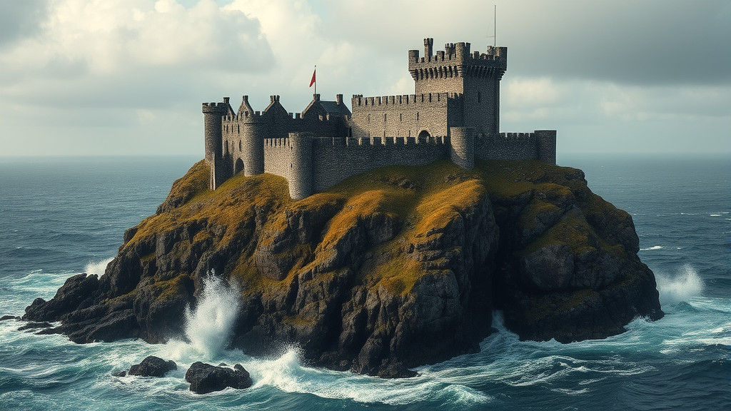 "A grand view of a towering ancient castle on a cliff overlooking the ocean, with waves crashing below."