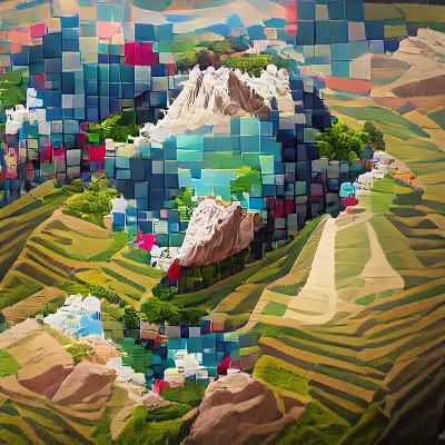 A world made of cubes with big mountains and rolling fields
