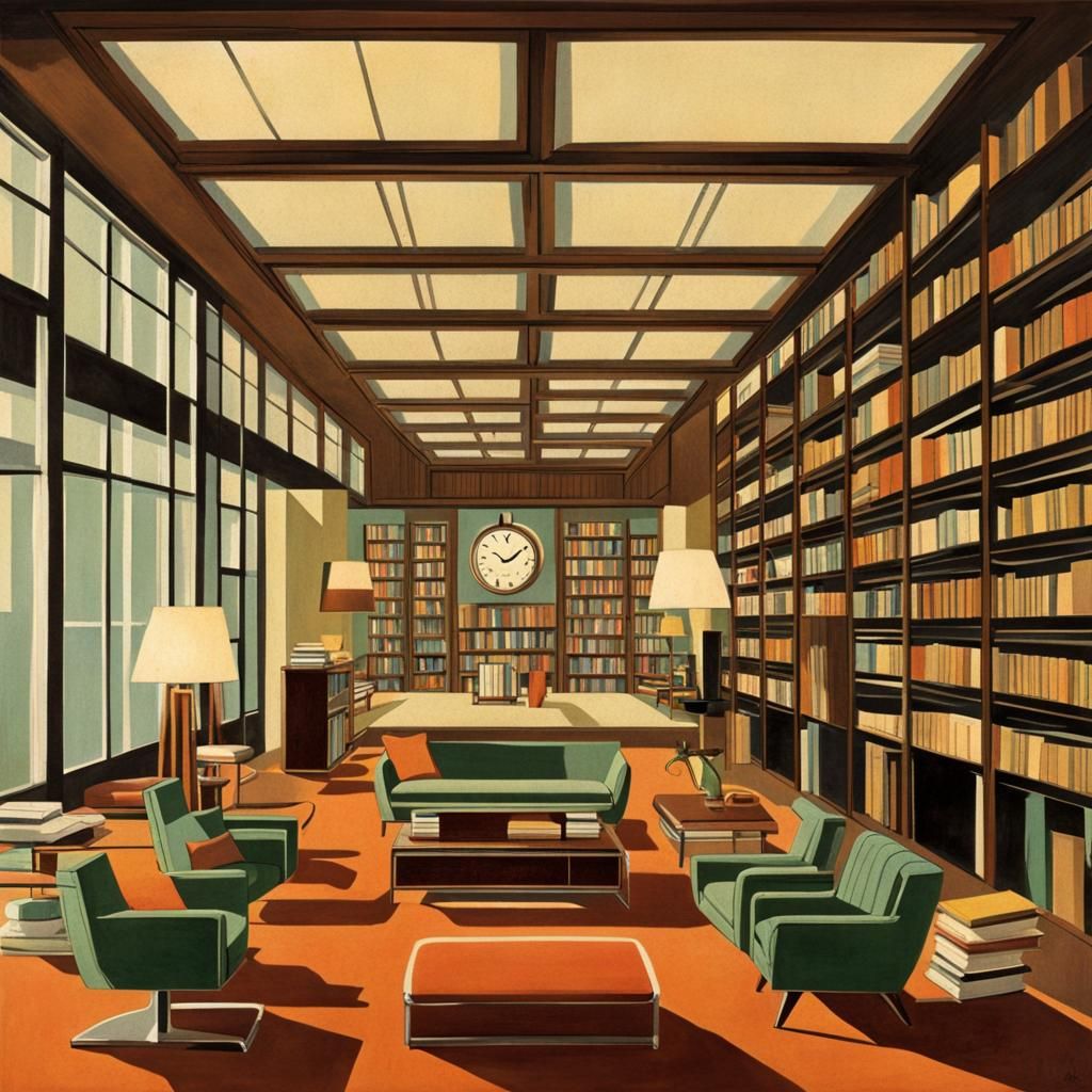 a mid century modern library with open books and clocks art deco - AI ...