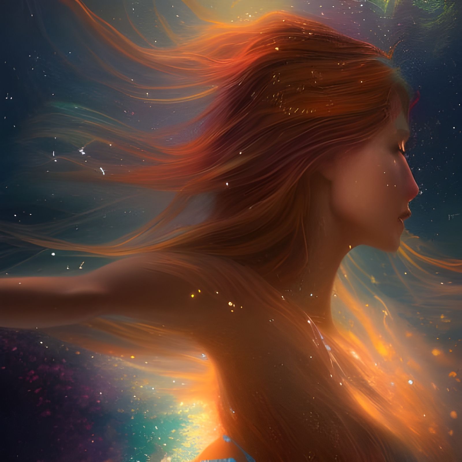 A woman dancing in a sea of stars, a light wind blows, a glo...