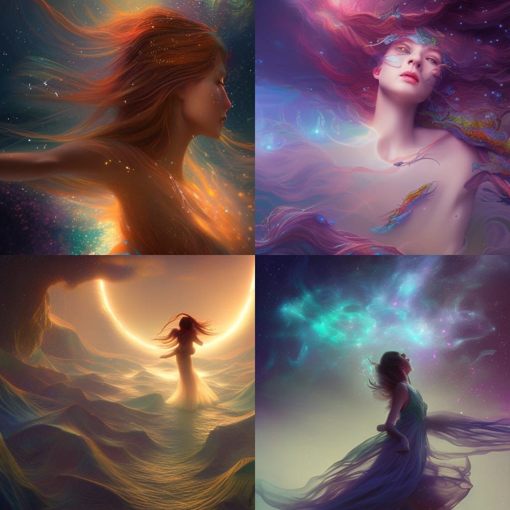 A woman dancing in a sea of stars, a light wind blows, a glo...