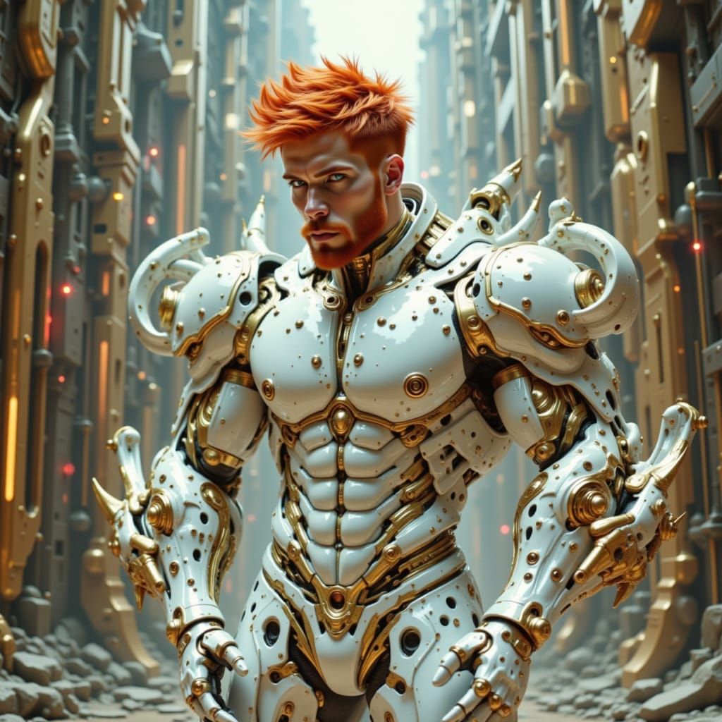 Handsome beautiful male red hair bodybuilder , muscle fractals helix intricate celestial design white gold armor mecha arms futuristic ether...