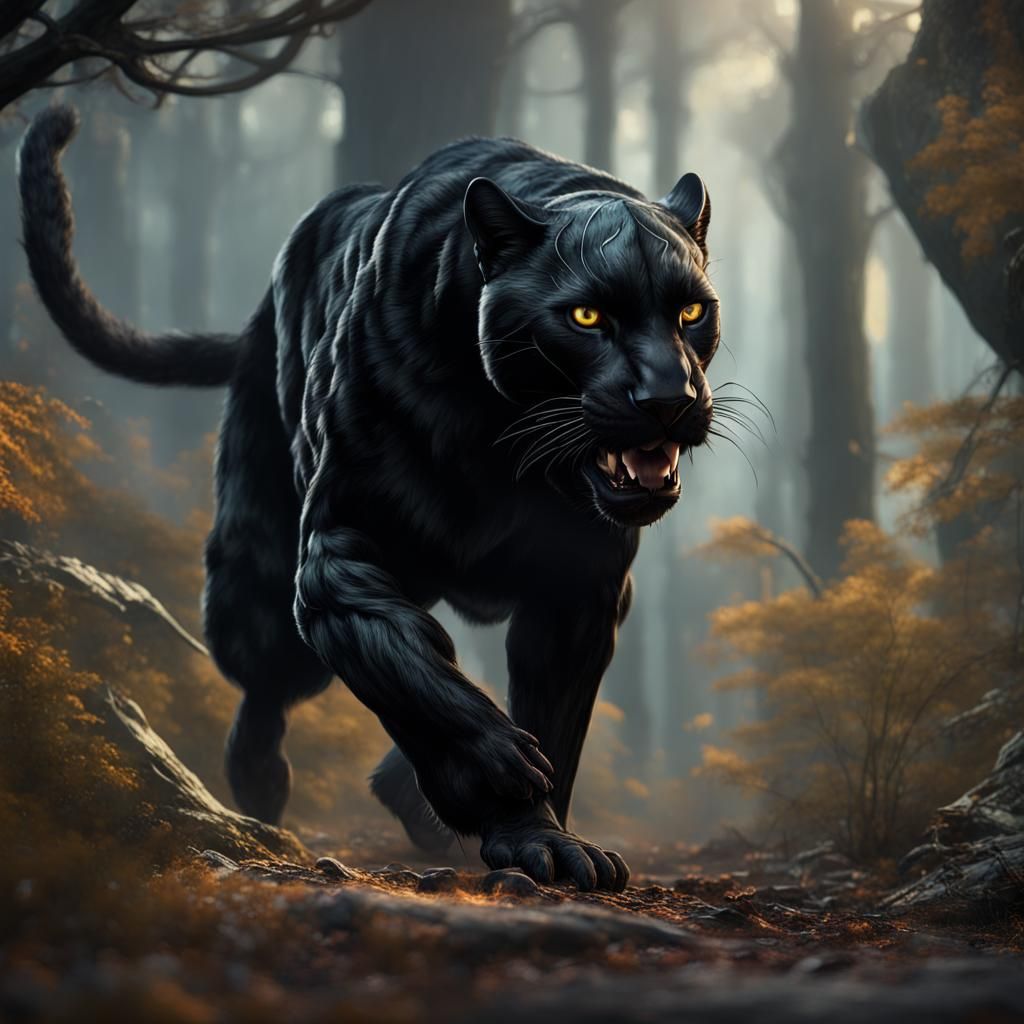 Black ghost panther roams the woods looking for prey