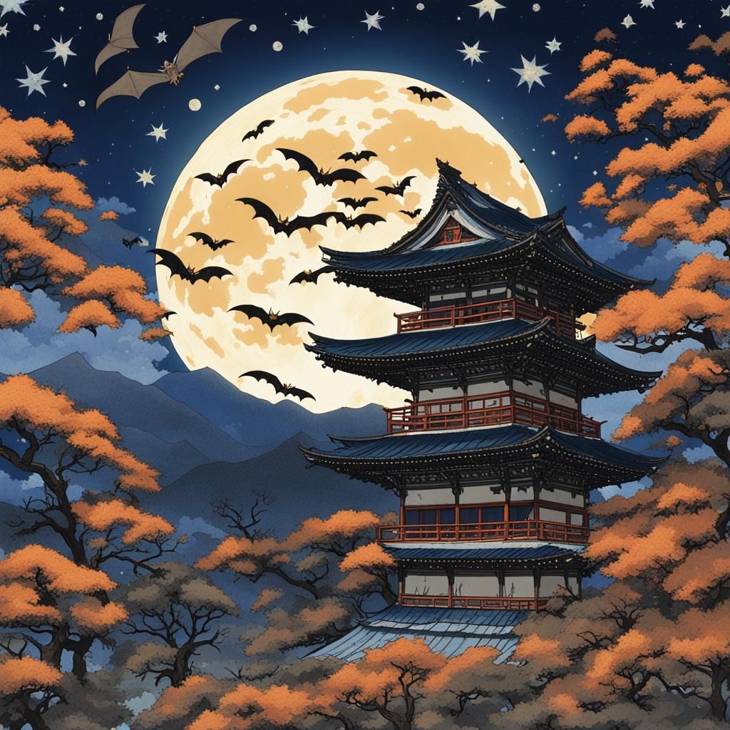 Harvest moon in a starry sky with bats flying fantasycore ce...