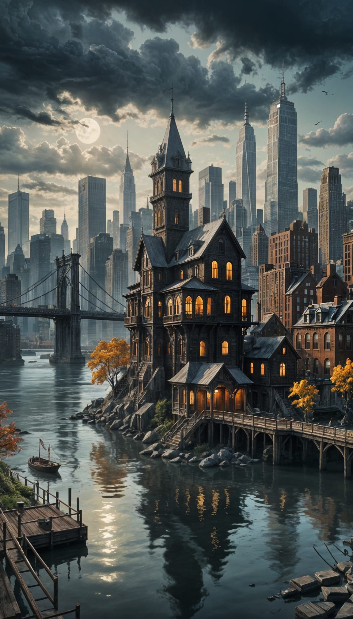 a haunted house in on East River overlooking a gloomy Manhatten skyline 
  by @WayneOh