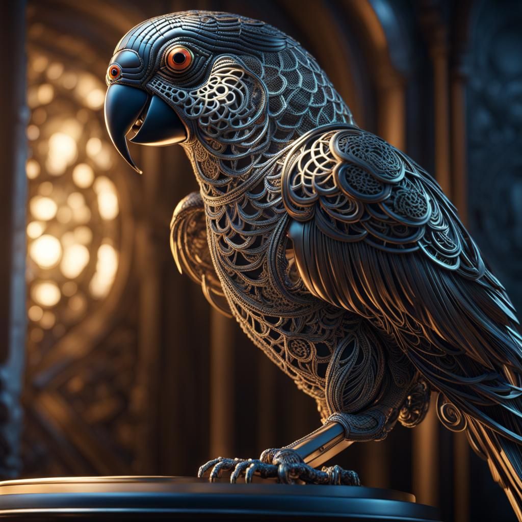 complex 3d render ultra detailed of a beautiful lace parrot made out of