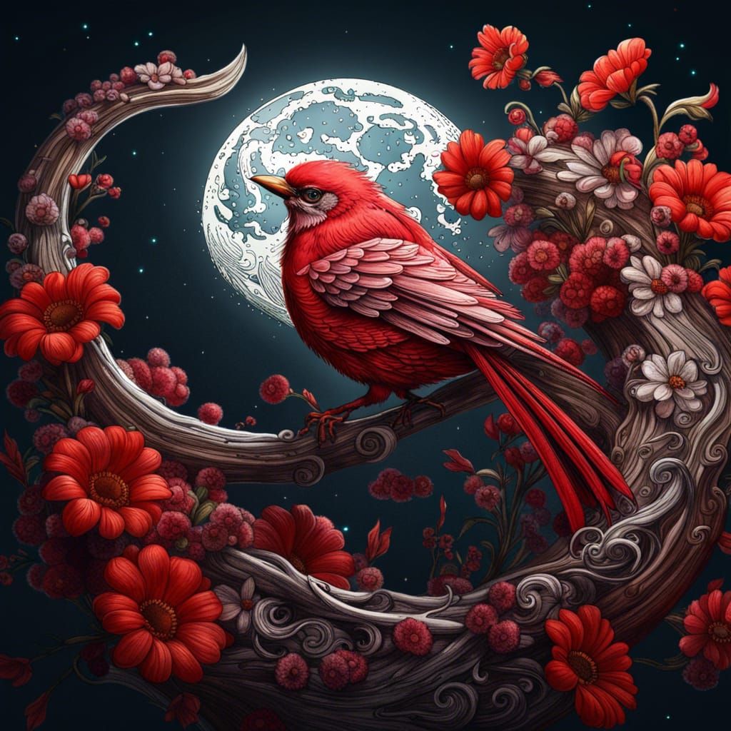 Amazing epic red bird with long flowing tail on crescent of flowers, fun moon background,  insanely detailed, ...  by @KrystofM75